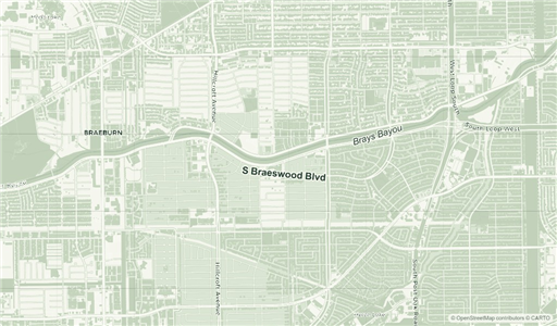 Stylized street map of the South Braeswood area of Houston