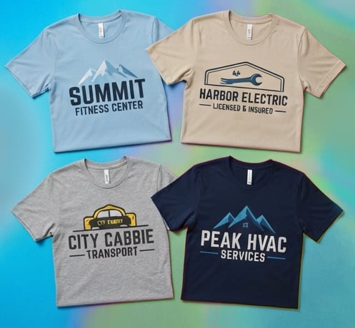 Sample design mockup: flat-lay of four custom-printed tees with fictional logos for fitness, electric, transport, and HVAC businesses