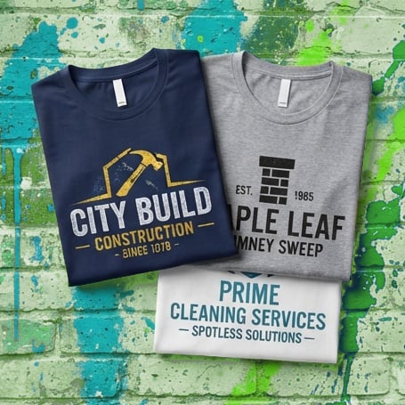 Sample design mockup: folded navy, grey, and white tees with fictional construction, chimney, and cleaning logos